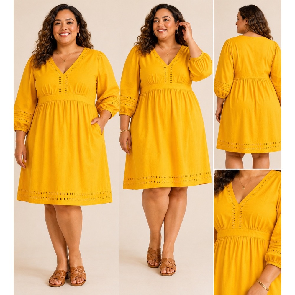 J.Crew Womens Eyelet Trim Cotton Midi Dress 3X Boho Summer Gold Yellow Fit Flare